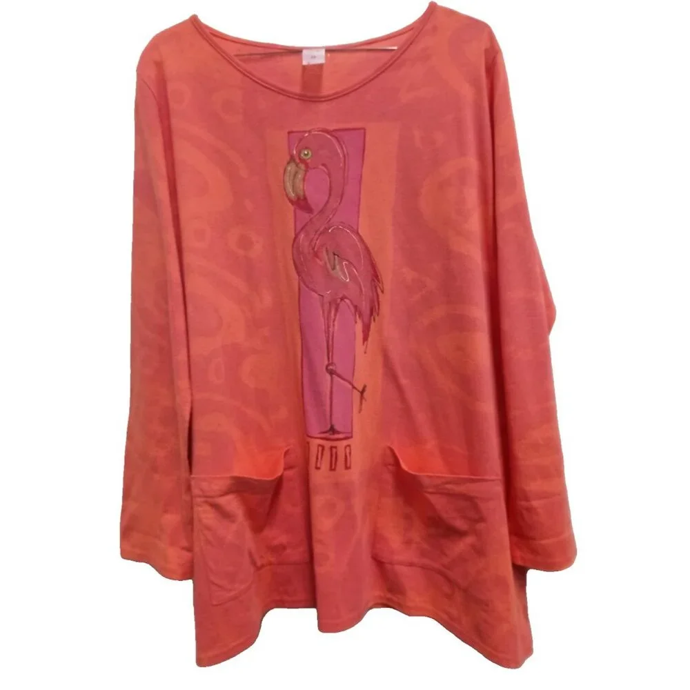 Creation By Tina Womens Wearable Art Tunic Top Small Orange Flamingo Long Sleeve